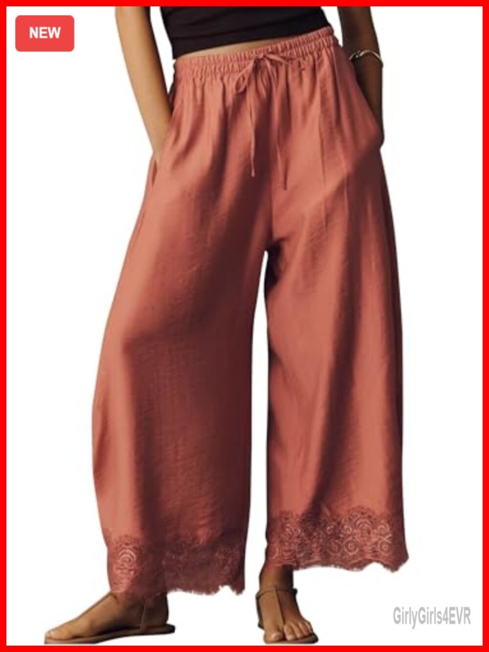 Cropped Lace Hem Wide Leg Pants with Drawstring Waist